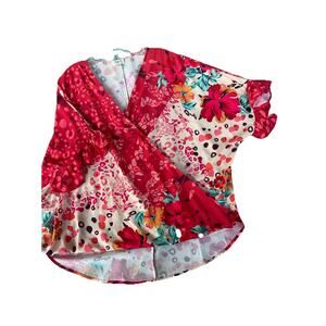 Umgee Top Floral Flutter Sleeve Sz M The Cara Faux Wrap Hi Low Red & Cream Boho